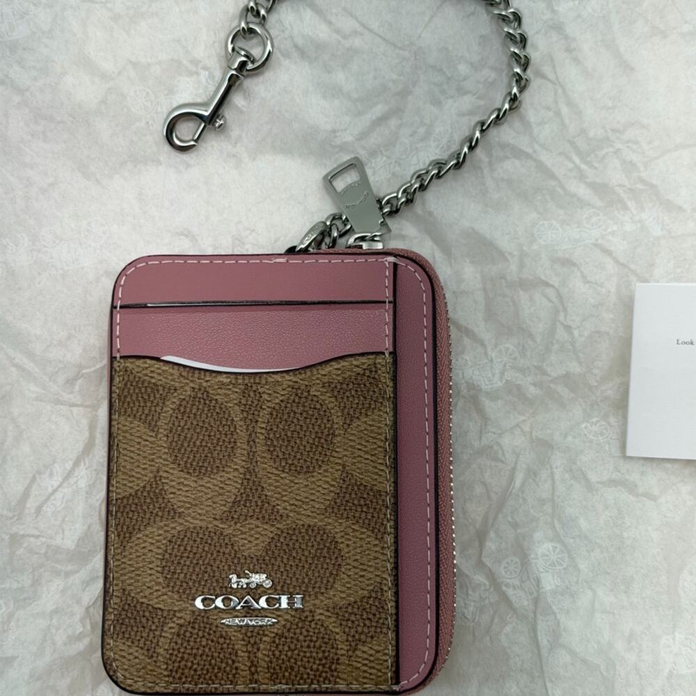 New with tags Coach Pink and Brown Card Holder coin purse with Chain Attachment - Picture 1 of 10